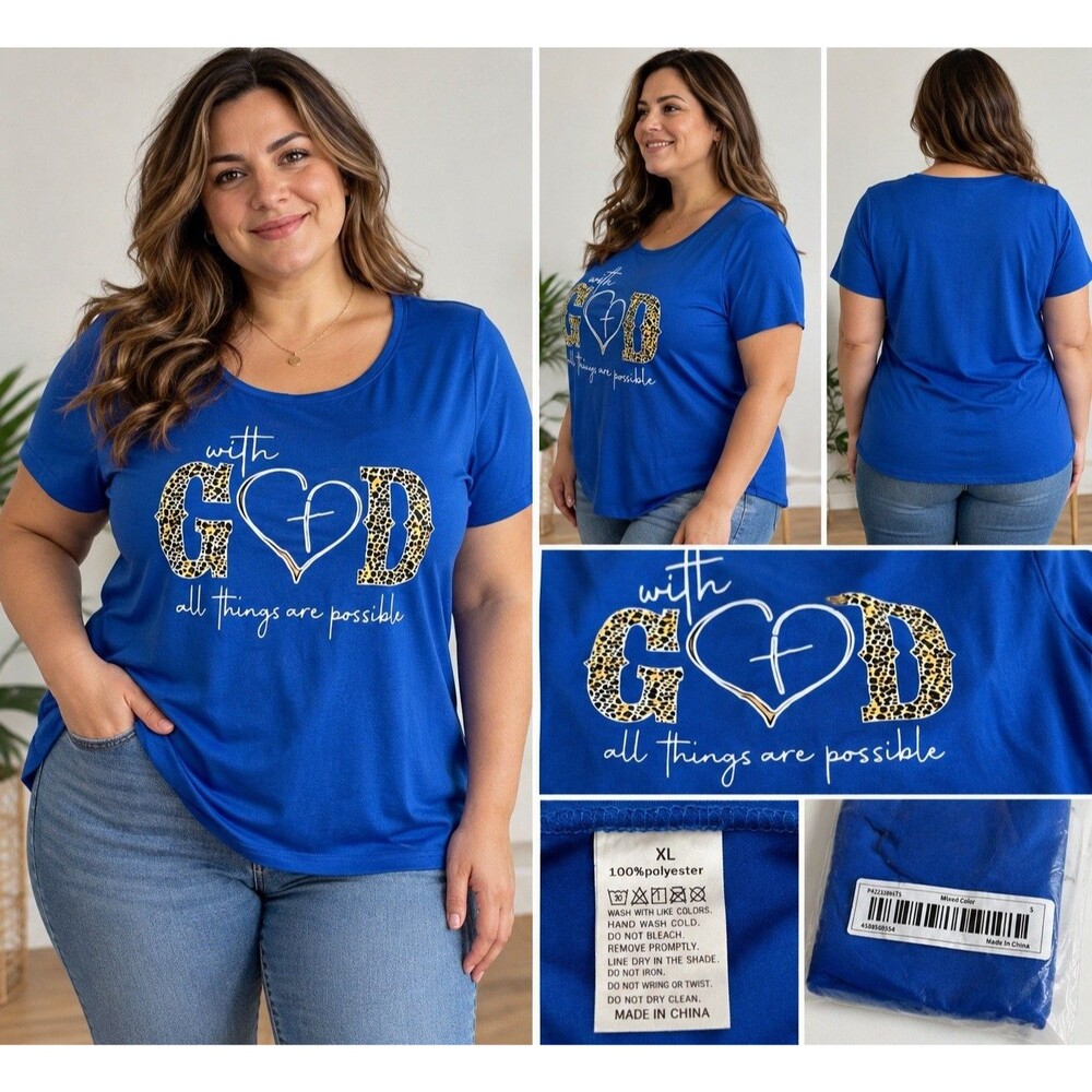 Women's blue blouse size XL "With God All Things Are Possible" new